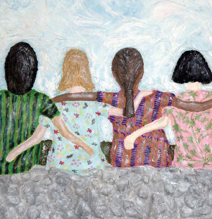Painting of 4 women of different ethnicities with their arms around each other