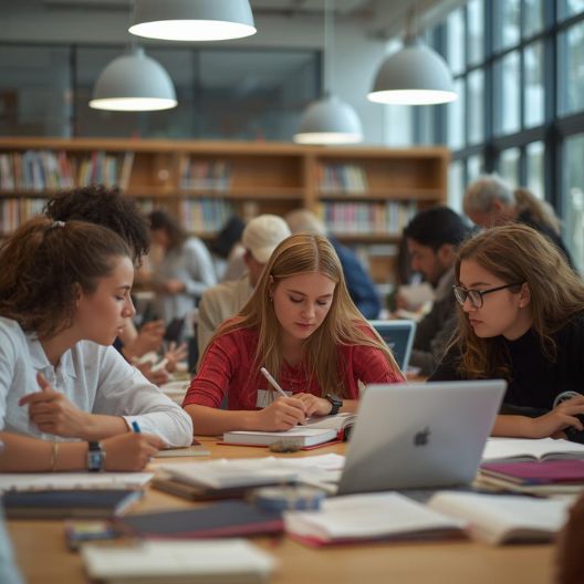 Three young women study together at a library table, surrounded by books, notebooks, and a laptop, with other people reading and working in the background.