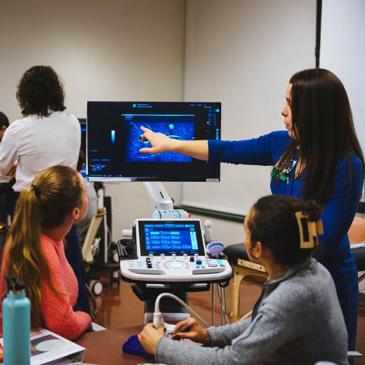 A woman in blue points at an ultrasound image on a monitor while two seated women observe attentively. An ultrasound machine and medical equipment are on the table in front of them. Another person is in the background.