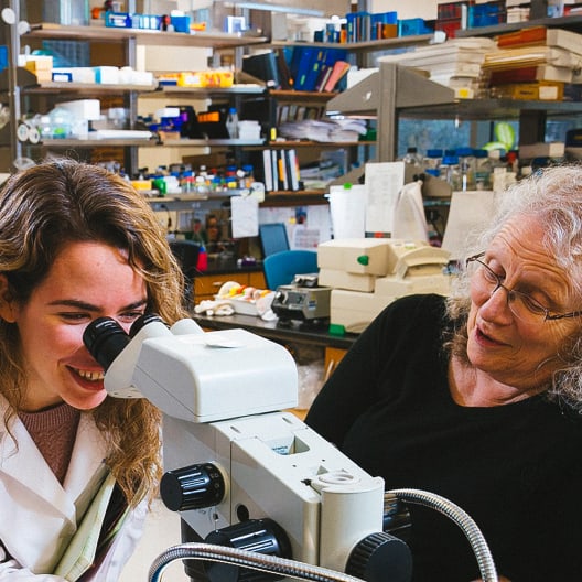 Two women in a laboratory, one looking through a microscope and the other smiling beside her. The background shows shelves filled with lab equipment, books, and supplies.